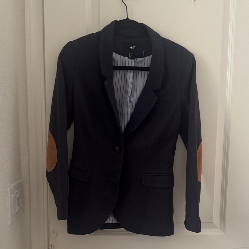 H&M Navy Blazer with Brown Elbow Patches